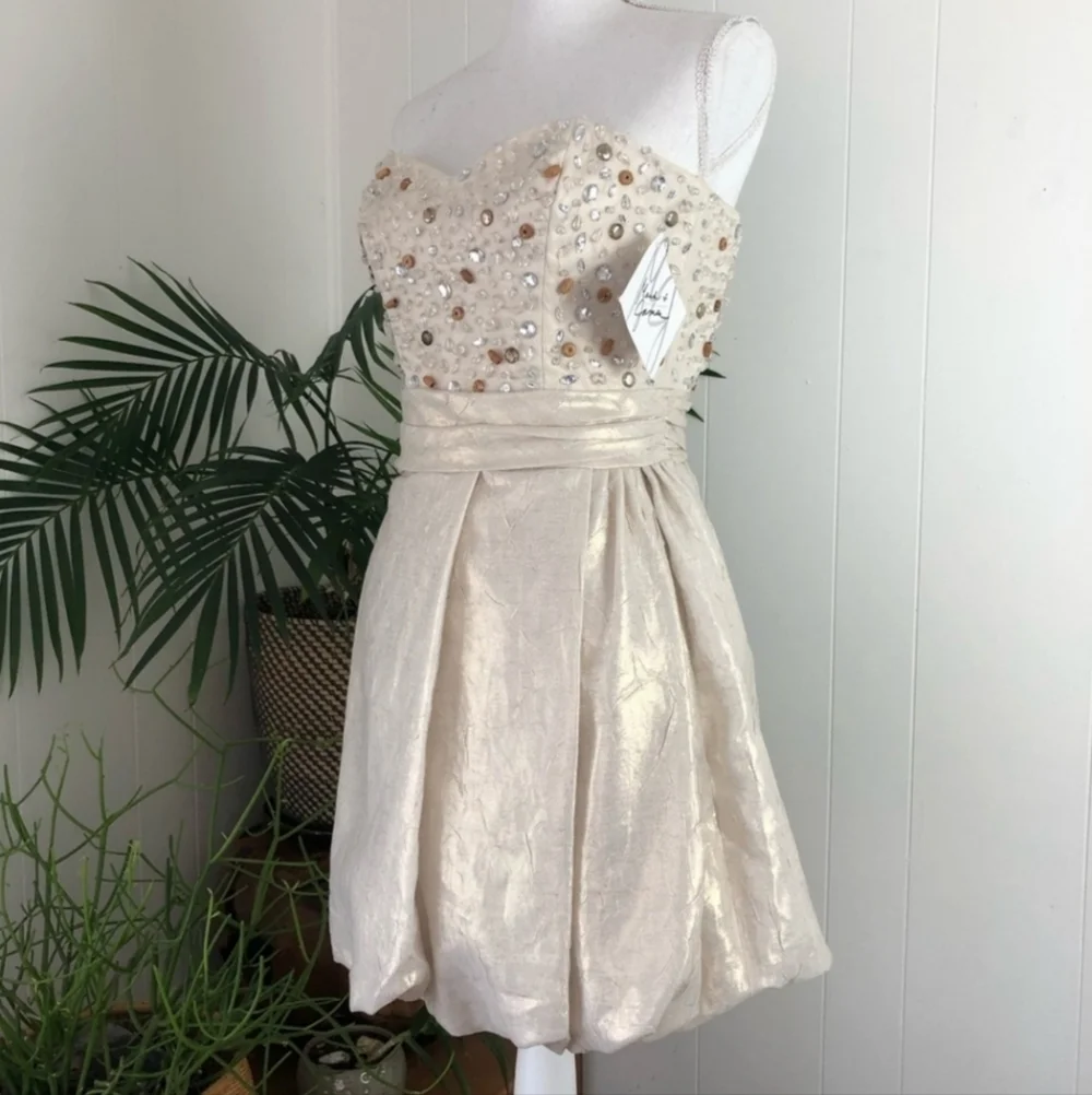 Mark + James ✦ Champagne Beaded Balloon Skirt Mini Dress ✦ Strapless Tube 4 NWT - Picture 4 of 16